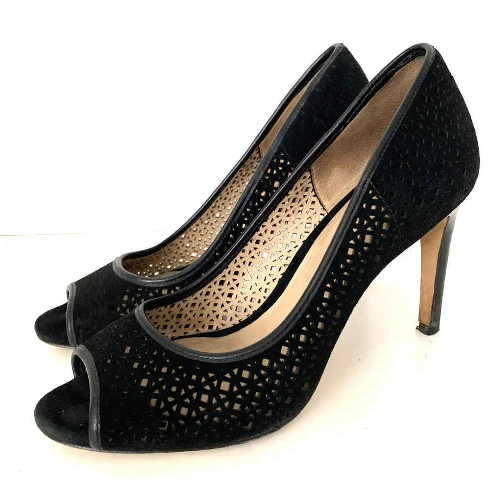 Tory Burch Elinor 90mm Pump Kid Suede Peep Toe Laser Cut Black Slim Heel 5.5